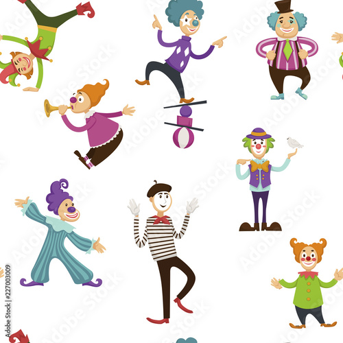 Clown and mime entertaining people seamless pattern vector.