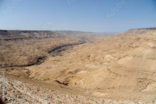 panoramic view from the King s Highway  which swoops over the high ridge of the Great Rift Valley. in Jordan