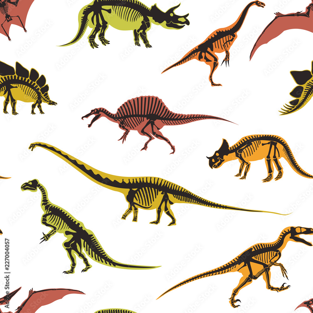 Obraz premium Dinosaurs and pterodactyl types of animals seamless pattern isolated on white background vector.