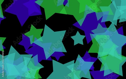 Multicolored translucent stars on a dark background. Green tones. 3D illustration