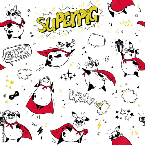 Vector seamless pattern with funny pig super hero hand drawn characters. Comic style. Outline drawing. Perfect for packaging paper, package design, children's room interior decor, kid clothes prints. 