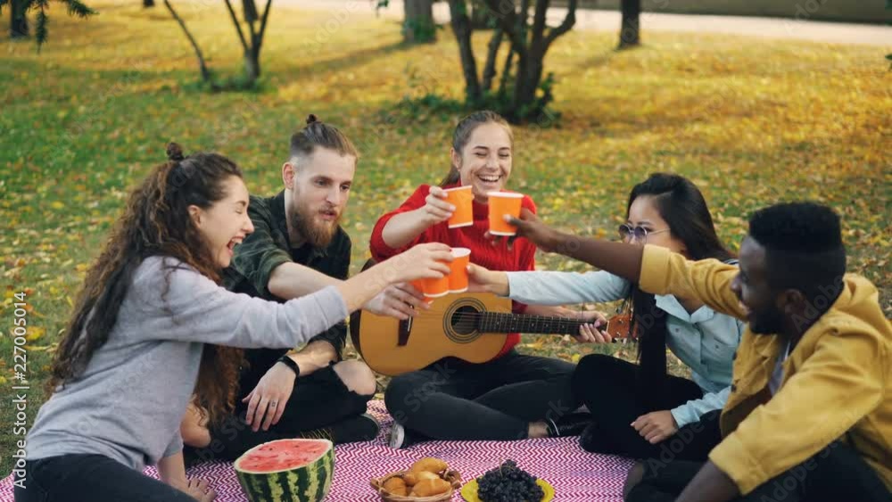 Cheerful young people multi-ethnic group are clinking glasses with drinks then drinking sitting on blanket on grass during autumn picnic with guitar and food. Cheerful young people multi-ethnic group are clinking glasses with drinks then drinking sitting on blanket on grass during autumn picnic with guitar and food.