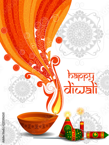 Colorful fire cracker with decorated diya for Happy Diwali festival holiday celebration of India greeting background