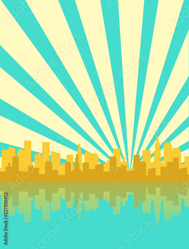 Blue and yellow city skyline silhouette