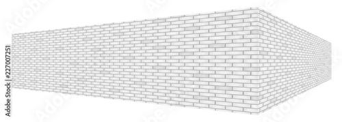 Diagonal white brick wall texture with a perspective is isolated on white background.