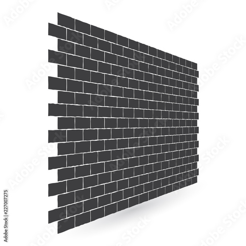 Diagonal black brick wall texture with a perspective is isolated on white background.
