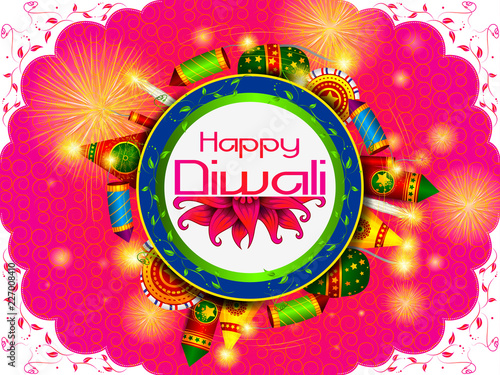 Colorful fire cracker with decorated diya for Happy Diwali festival holiday celebration of India greeting background