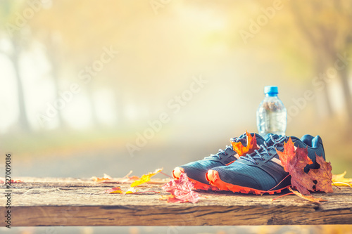 Blue sport shoes and water laid on a wooden board.