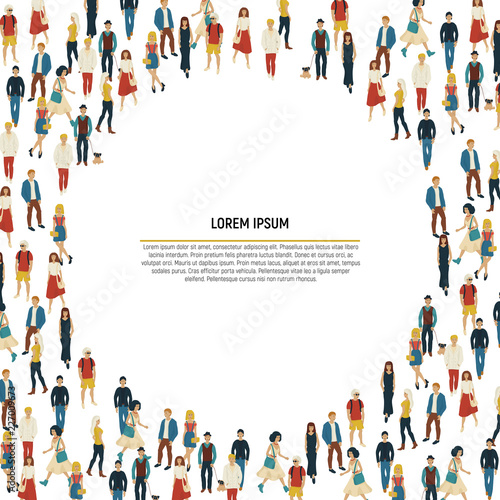 Large group of people in the shape of circle on white background. Vector illustration. Crowd frame