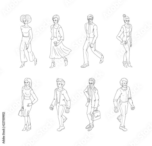 Group of people standing. Black and white outline sketch vector. Business men and women cartoon style characters isolated.