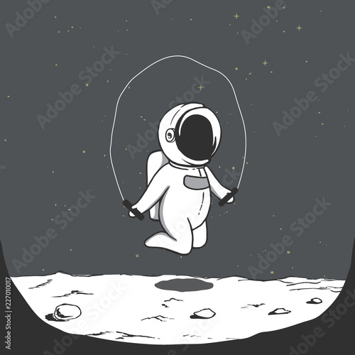 Cute astronaut jumps with a jump rope on the Moon.Prints design.Space theme.Vector illustration