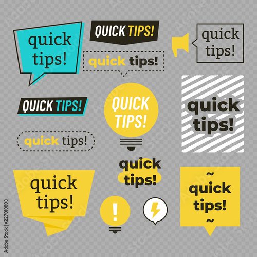Quick tips, helpful tricks logos, emblems and banners vector set isolated on transparent background. Vector illustration
