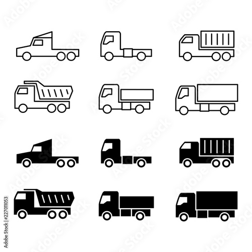 Truck silhouette and line icons. Shipping, cargo trukcs, dumpers and van isolated on white background. Vector illustration