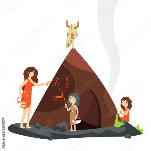 Mother with children in stone age. Primitive people cartoon character isolated on white. Vector illustration