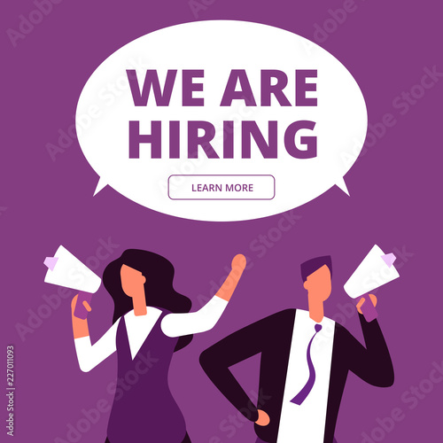 We are hiring concept. Business recruitment vector background. Man and woman with megaphone shouting for interview illustration