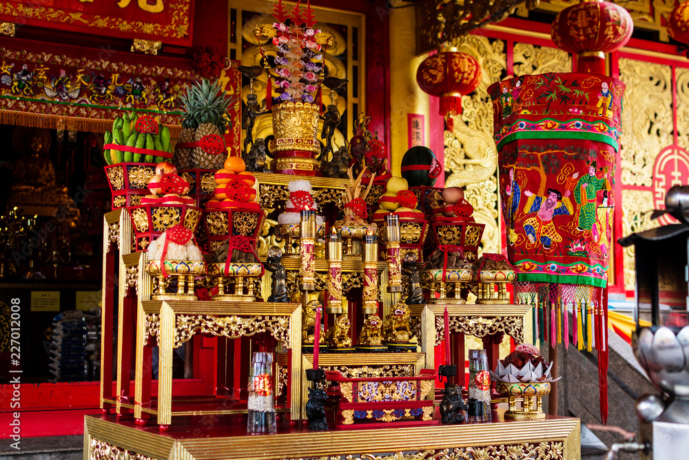 Altar in chinese shrine ( Jiu Tean Geng Shrine ) for worship gods and goddesses in phuket, Thailand.