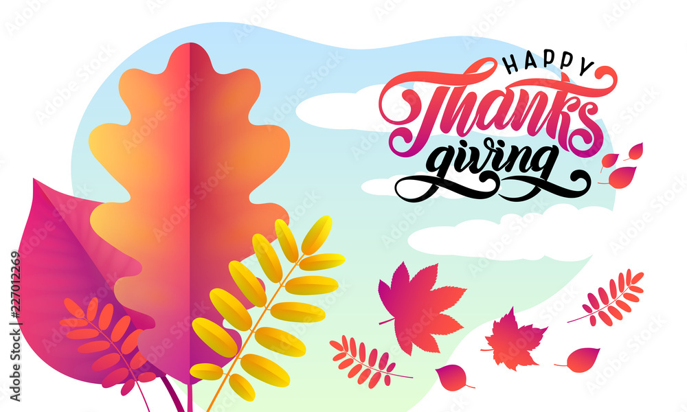 Obraz premium Vector Hand drawn Happy Thanksgiving Lettering text, , fallen leaves on sky landscape. Autumn festive calligraphy.