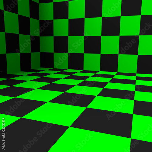 3d empty green and black checkered room
