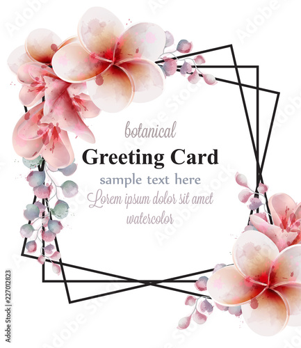 Tropic flowers watercolor greeting frame decor Vector