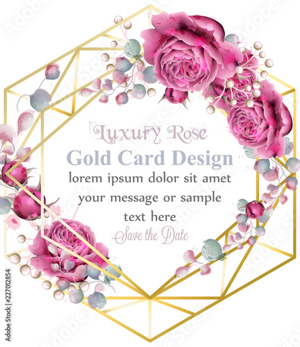 Gold card frame with rose flowers watercolor Vector. Golden abstract design d...