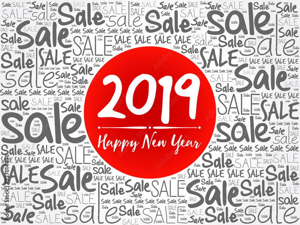 2019 Happy New Year. Sale Christmas background word cloud, holidays lettering collage