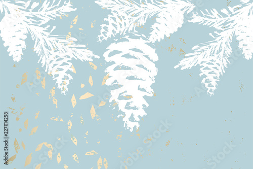 Trendy Chic Pastel colored background with Gold Foil shapes and painted christmas tree silhouettes. Abstract unusual textures for wallpaper, greeting cards, headers, decoration elements. Vector