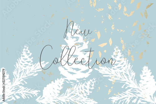 Christmas tree cone painting vector textures. Trendy Pastel blue white gold botanical winter pattern