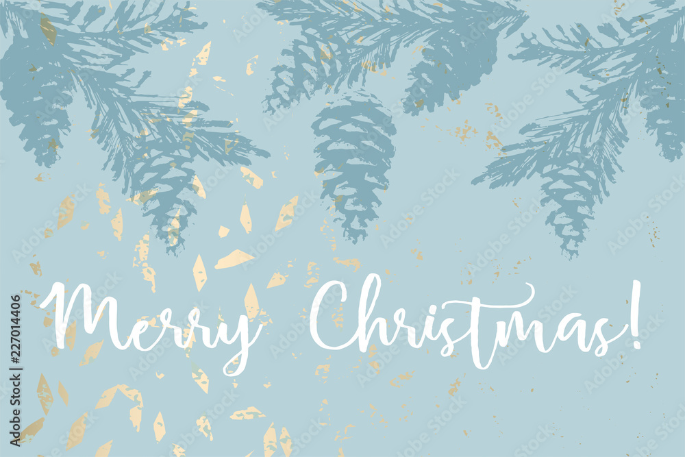 Christmas tree cone painting vector textures. Trendy Pastel blue white gold botanical winter pattern