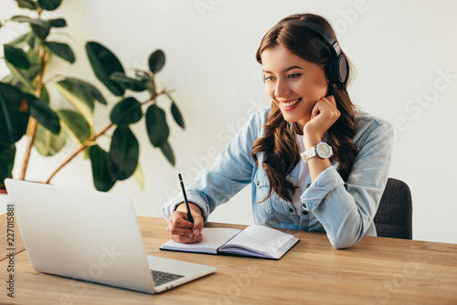 portrait of young smiling woman in headphones taking part in webinar in office photo