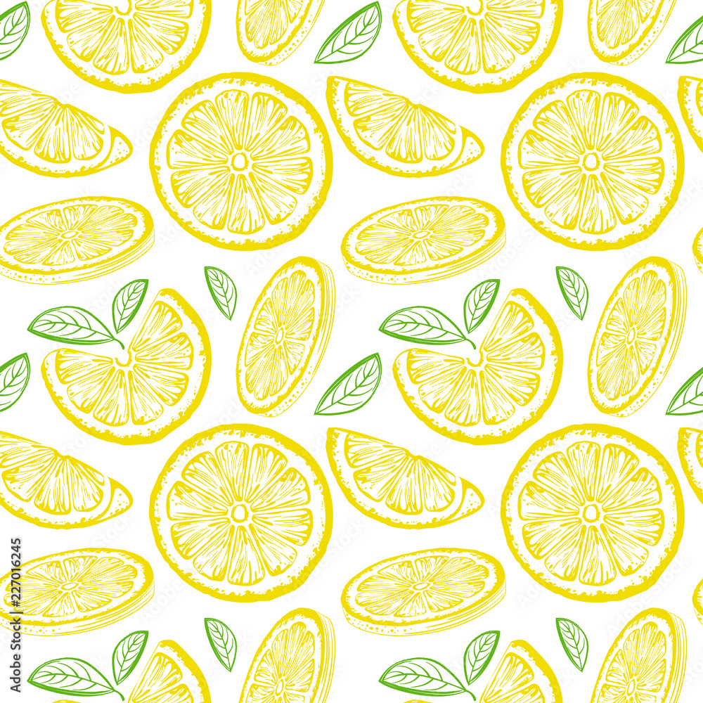 Lemon seamless pattern. Ink sketch lemons. Citrus fruit background. Elements for menu, greeting cards, wrapping paper, cosmetics packaging, posters etc