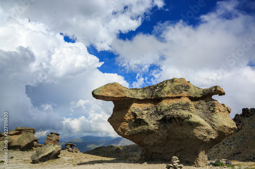 View of the stone mushrooms of Elbrus near the northern slope of the mountain. Photographed in the Caucasus, Russia.