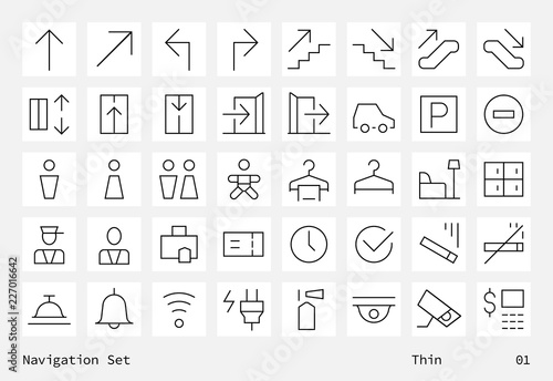 Navigation pictograms collection. Clean contour informative regular icons on white square