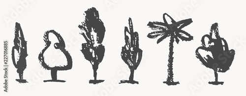 Hand-drawn woodcut trees. Vector iilustrations set