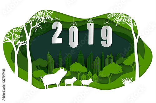 Happy new year 2019 with cute family pig on green paper art background