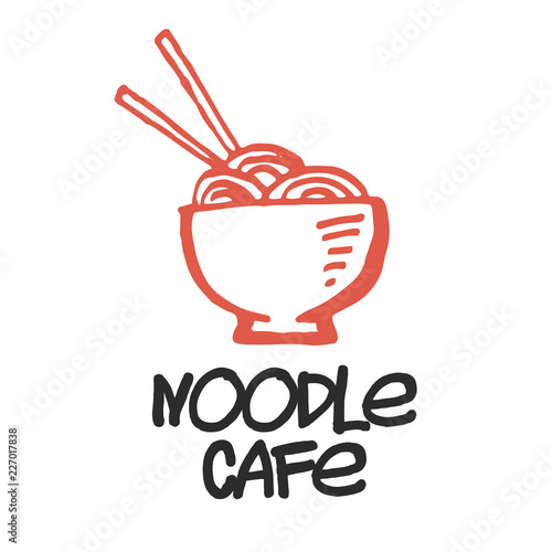 Bowl full of tasty noodles, logo hand-drawn with sumi-e brush
