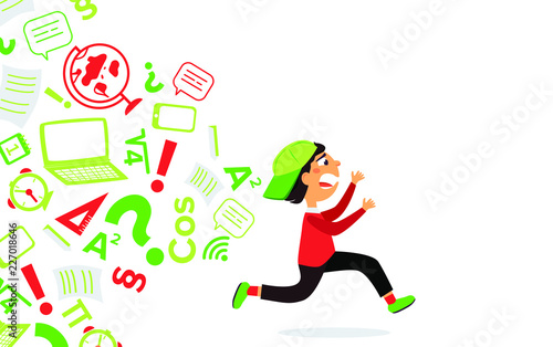 School boy run. Information overload child. Vector cartoon illustration