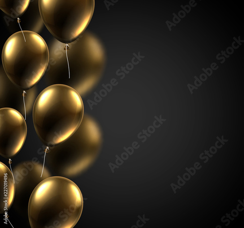 Black festive card with golden shiny balloons. Holiday decoration.