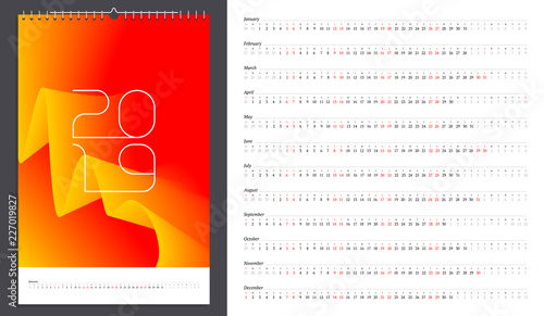 Calendar 2019. Week starts on Sunday. Each month in one line. Grid for the wall calendar.