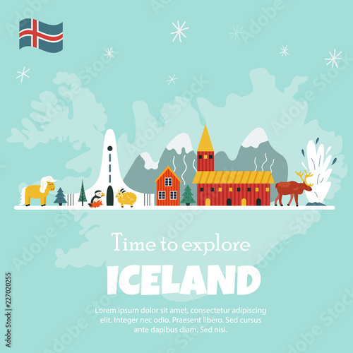 Iceland cartoon vector banner. Travel illustration