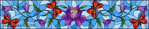 Illustration in stained glass style with purple flowers bells and red butterflies on blue background  horizontal orientation