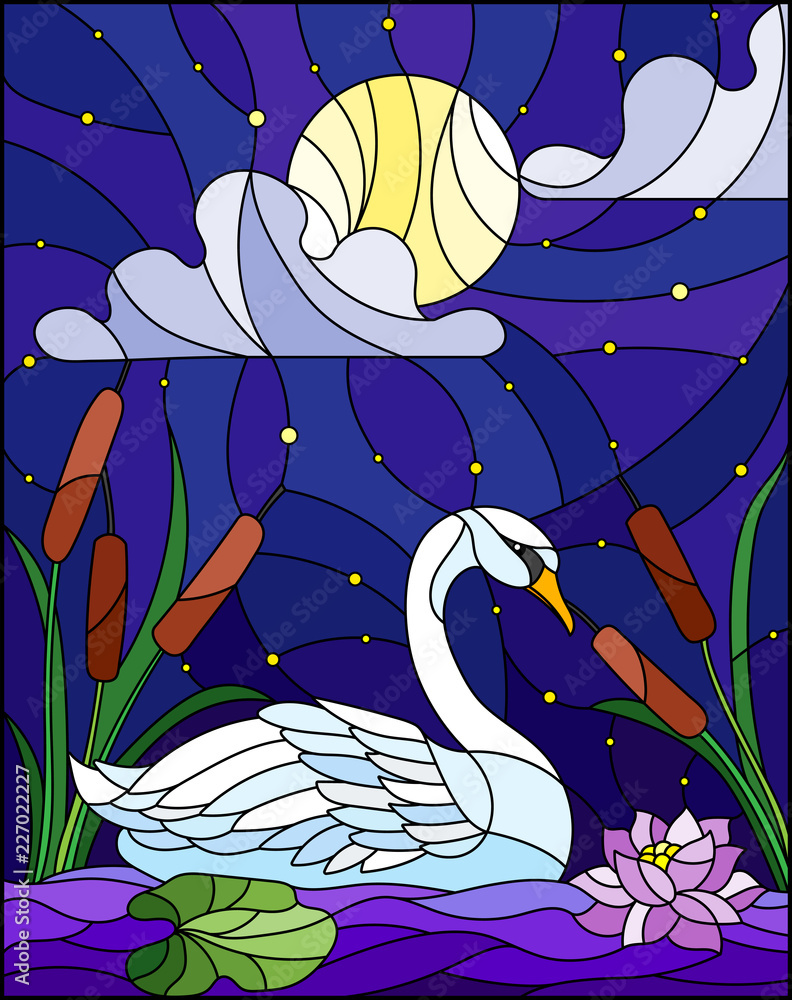Fototapeta premium Illustration in stained glass style with Swan , Lotus flowers and reeds on a pond in the moon, starry sky and clouds