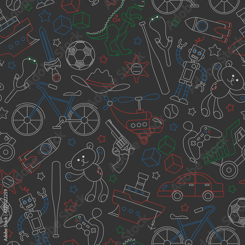 Seamless pattern on the theme of childhood and toys, toys for boys, outlines icons painted with colored chalks on the dark school Board