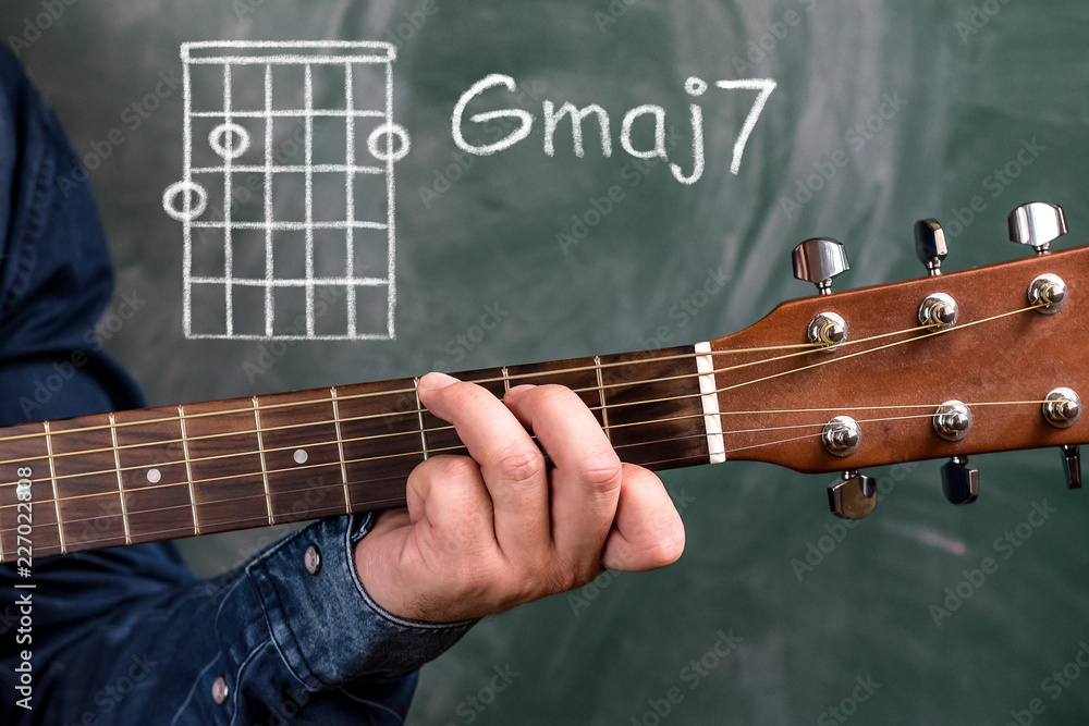 Man in a blue denim shirt playing guitar chords displayed on a blackboard,  Chord Gmaj7 Stock Photo | Adobe Stock