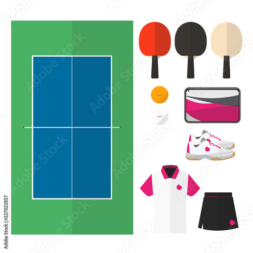 Table tennis things. Top view of court and  female equipments like paddles, balls, shoes and others. Simple flat design style vector.