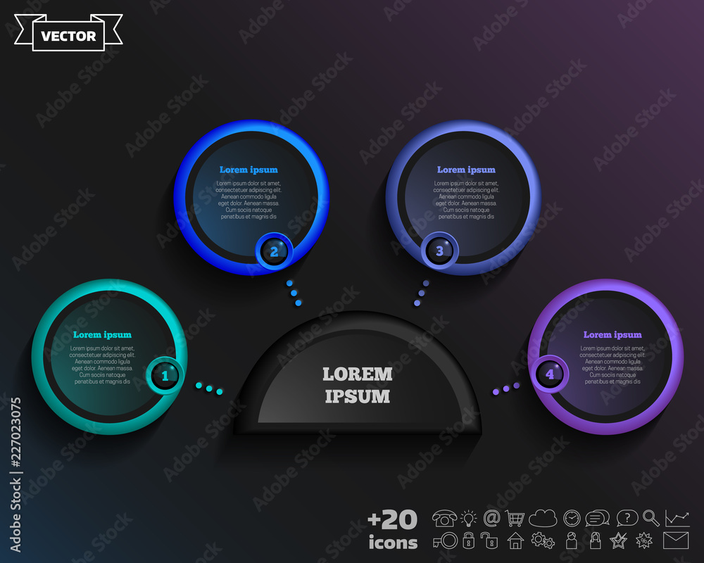 Vector infographic design with colorful circle on the black background. Business concept. 4 options, parts, steps. Can be used for graph, diagram, chart, workflow layout, number options, web