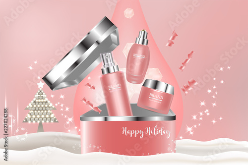 Beauty product, pink cosmetic containers with advertising background ready to use, holiday concept skin care ad, illustration vector.	