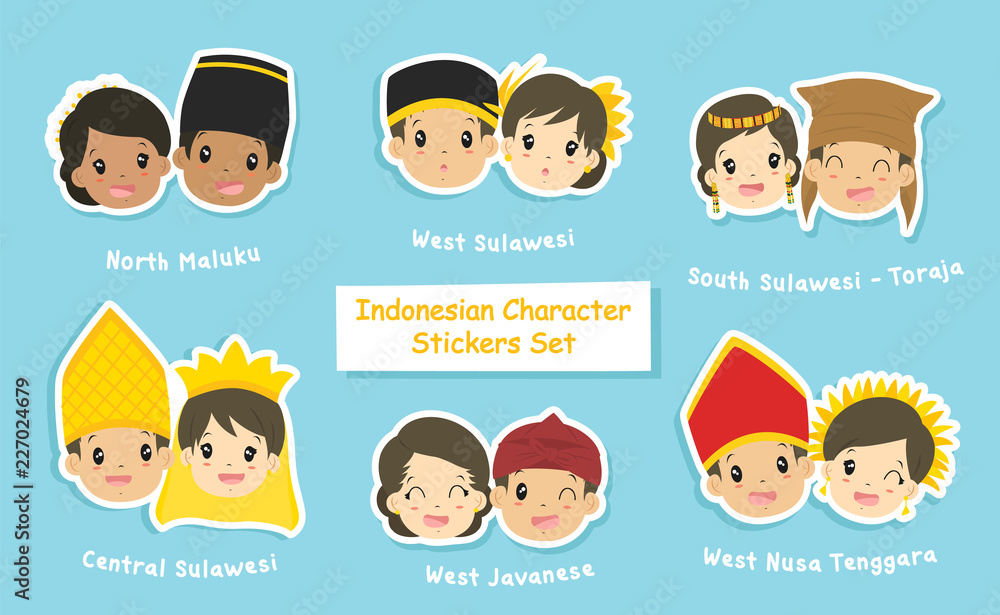 Indonesian couple stickers collection. Indonesian boys and girls wearing Indonesian headdress. printable stickers template cartoon vector. Indonesian couple stickers collection. Indonesian boys and girls wearing Indonesian headdress. printable stickers template cartoon vector.