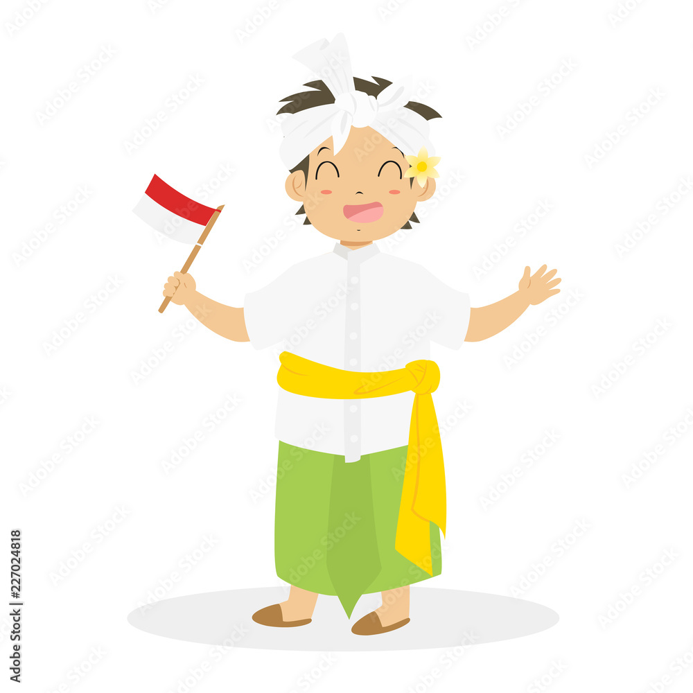 Φωτογραφία Happy Indonesian boy wearing Bali traditional dress and holding Indonesian flag