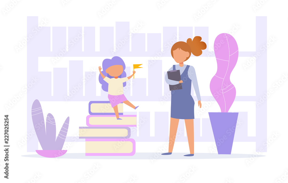 Teacher and student in library Vector. Cartoon. Isolated art