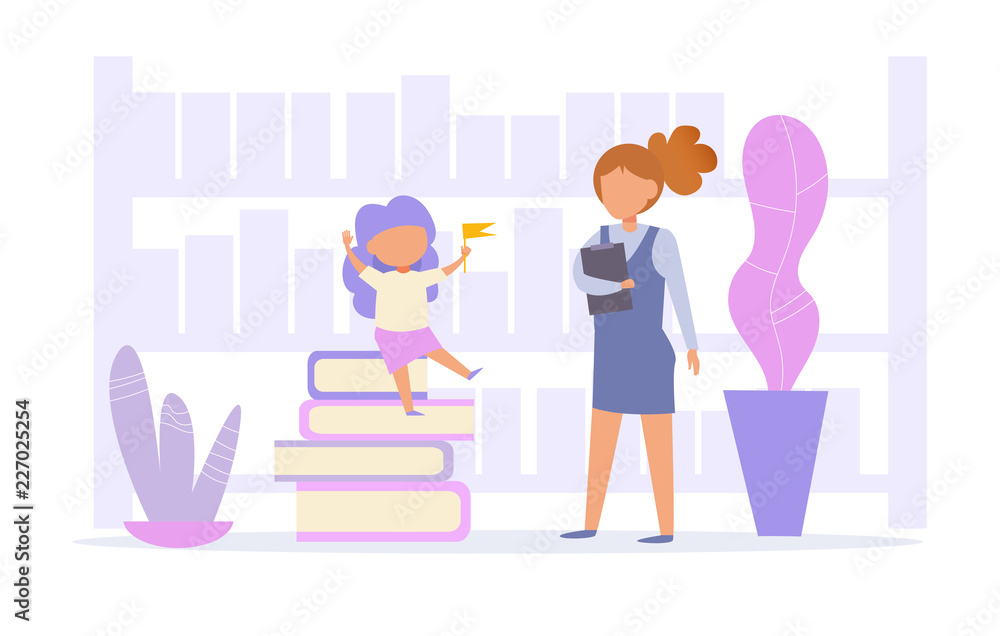 Teacher and student in library Vector. Cartoon. Isolated art Teacher and student in library Vector. Cartoon. Isolated art